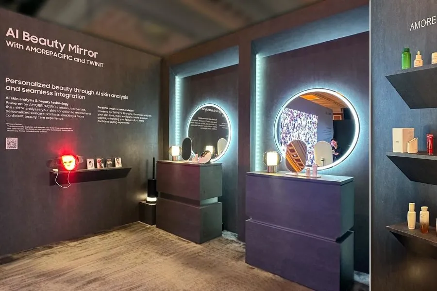 A trade show booth with light-up mirrors against wall
